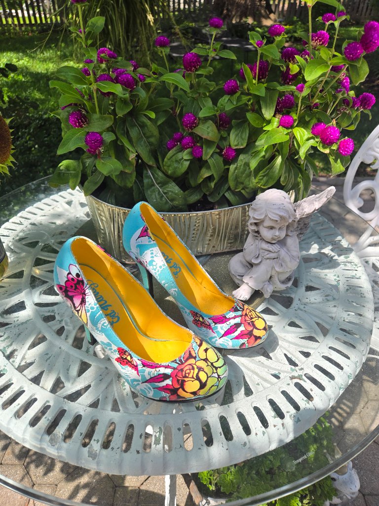 Ed Hardy Tattoo Print Canvas Pumps Heels Turquoise Blue Y2k Vintage New Size 6 — image 4 of 8